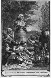 Die menschliche Erziehung beginnt bei der Geburt. Frontispiz (1782) von Jean Jacques Rousseau, graviert von Robert Delaunay dem Jüngeren (1749-1814) nach einer Zeichnung (1780) von Charles Nicolas Cochin dem Jüngeren (1715-1790) mit der Büste des Schriftst