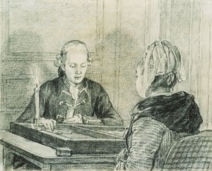 Ein sitzendes Paar, die Dame von hinten gesehen, spielt Backgammon bei Kerzenlicht von Charles Nicolas II Cochin