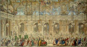 Maskenball oder Ball der Ifs für die Hochzeit von Louis Dauphin von Frankreich mit Marie Therese von Spanien in der Spiegelgalerie in Versailles im Februar 1745 (Zeichnung)