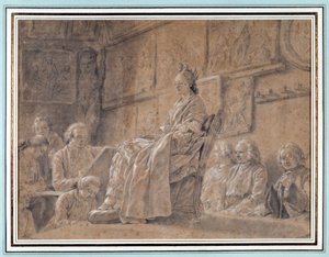 Wettbewerb um die Darstellung des Ausdrucks. Verschiedene Künstler in einem Atelier, die ein Modell auf einem Sessel porträtieren. Zeichnung von Ch. Nicolas Cochin