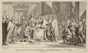 Raymond VI., Graf von Toulouse, demütigt sich in der Kirche von St. Gilles, um seine Exkommunikation aufheben zu lassen von Charles Nicolas II Cochin