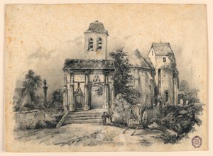 Drei Figuren vor einer Kirche von Charles Nicolas Ransonnette