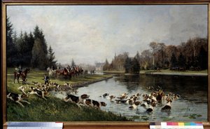 Jagd: Das Hallali des Hirsches am Teich von Sulvie, Jagd des Herzogs von Aumale von Charles Oliver de Penne