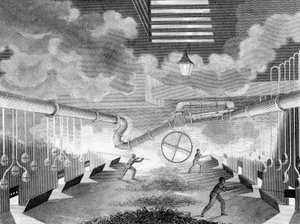 Gesamtansicht eines Gaswerks, zeigt Retorten, die geladen werden, 1835 von Charles Partington
