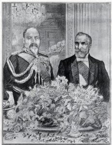 Herzlich: Der Besuch des französischen Präsidenten Emile Loubet in London - das Bankett in der französischen Botschaft - König Edward VII. und Loubet - gezeichnet von Paul Renouard für die Zeitung The Graphic. Juli 1903. von Charles Paul Renouard