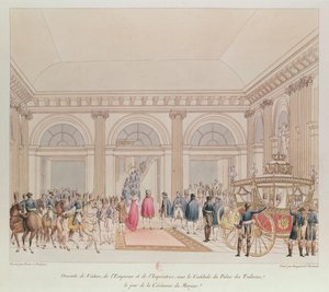 Der Abstieg des Kaisers und der Kaiserin aus der Kutsche unter dem Vestibül des Tuilerienpalastes am Tag ihrer Hochzeit (Farbstich)