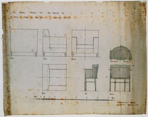 Entwürfe für einen gepolsterten Stuhl und einen Spindelstuhl in Aufriss und Plänen von Charles Rennie Mackintosh