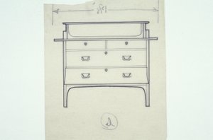 Linienzeichnung eines Möbels (eine Sitzbank mit bemalten Paneelen), ca. 1910 von Charles Rennie Mackintosh