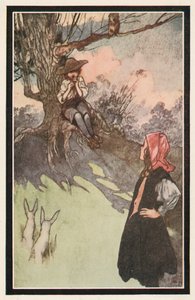 Ein Junge saß unter einem Baum und spielte auf einer groben Holzpfeife von Charles Robinson