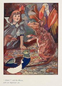 "Ahem!" sagte die Maus mit wichtiger Miene. Alice mit einer Maus und anderen Tieren