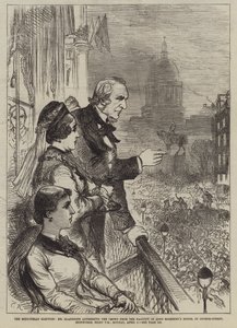 Die Midlothian-Wahl, Mr. Gladstone spricht die Menge vom Balkon des Hauses von Lord Rosebery in der George-Street, Edinburgh, Montag, 5. April, acht Uhr abends an