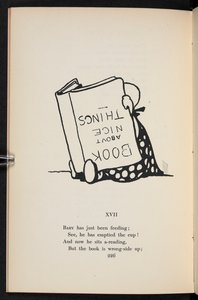 XVII. Ein Reim. Ein Kind liest ein Buch verkehrt herum. von Charles Robinson