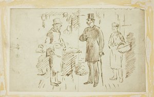 Gentleman mit hohem Hut spricht Metzger an