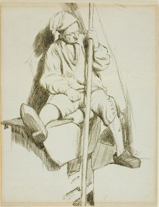 Mann sitzt, hält Stab in der linken Hand von Charles Samuel Keene