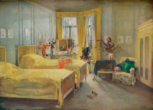 Eine Innenszene: ein Schlafzimmer, entworfen von Mme. Gloria Silva im Hotel Metropole, London von Charles Sims