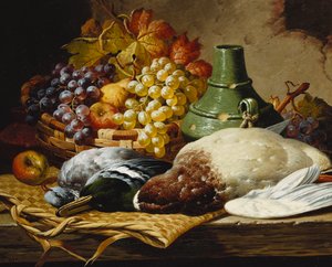 Eine Stockente und eine Ringeltaube mit einem Korb Äpfel und Trauben auf einem Holzvorsprung von Charles Thomas Bale