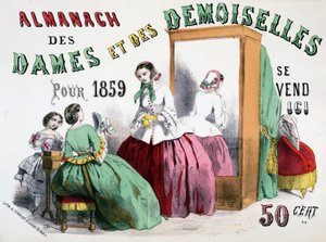 Werbeplakat für den Almanach der Damen und Damen für 1859 (junge Mädchen reden vor einem Eisschrank über Lumpen), 50 Cent