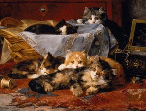 Kätzchen bei einem Nähkorb von Charles van den Eycken