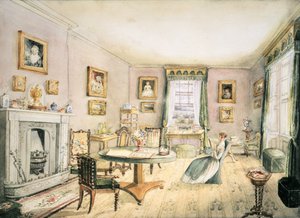 Das Wohnzimmer, East Wood, Hay, f54 aus einem Album von Innenräumen, 1843 von Charlotte Bosanquet