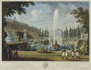 Blick auf die Große Kaskade, Samson-Brunnen und Großer Palast in Peterhof, frühes 19. Jahrhundert