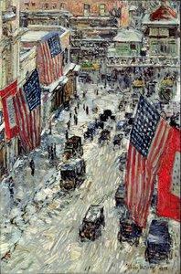 Flaggen auf der 57. Straße, Winter 1918 von Childe Frederick Hassam