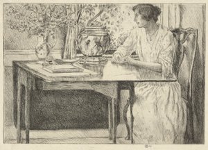 Der Koloniale Tisch (Holley House, Cos Cob) (recto); Landschaft mit Scheune (verso) von Childe Hassam