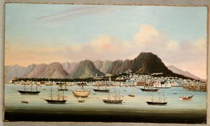 Ein Blick auf Victoria, Hongkong, mit dem Hulk H.M.S Princess Charlotte und amerikanischen, britischen und französischen Schiffen, ca. 1862 von Chinese School