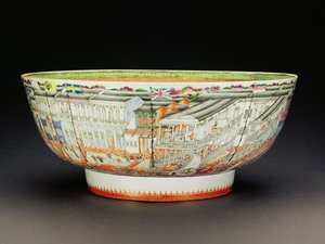 Schale, dekoriert in Mandarin-Palette mit einer Szene der Hongs in Kanton, Qianlong-Periode, ca. 1770 (Porzellan) von Chinese School