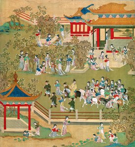 Kaiser Yang Ti (581-618) spaziert mit seinen Frauen in seinen Gärten, aus einer Geschichte der chinesischen Kaiser