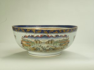 Famille-Rose-Punschschale mit ovalem Blattmotiv, das das Foundling Hospital in den 1750er Jahren darstellt, Qianlong-Periode (1736-95) ca. 1790 von Chinese School