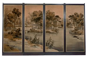 Vierfacher Bildschirm mit Samtpaneelen, gewebt mit einer Flusslandschaft in Grisaille-Tönen