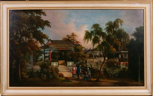 Blick auf Howquas Garten in Kanton mit Damen bei einem Pavillon, ca. 1850