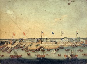 Ansicht der Hongs in Kanton mit den dänischen, österreichischen, amerikanischen, schwedischen, britischen und niederländischen Fabriken von Chinese School