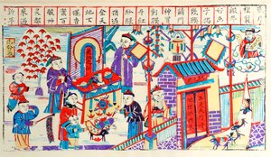 Holzschnitt, der die Aktivität eines chinesischen Haushalts während eines Festes zeigt