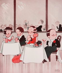 Stadtmäuse und Landmäuse, feine Bürger gegen unfeine Landbewohner, Restaurantszene, Zeichnung von Chloe Preston aus The Tatler, Nr. 1384, 4. Januar