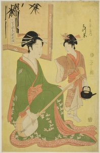 Schönheiten, die die sieben Weisen parodieren - Eine Auswahl jüngerer Kurtisanen (Shichi kenjin yatsushi bijin shinzo zoroe): Mitsuito vom Hyogoya