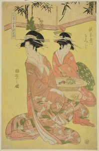 Schönheiten parodieren die sieben Weisen - Eine Auswahl jüngerer Kurtisanen (Shichi kenjin yatsushi bijin shinzo zoroe): Momiji von der Echizenya