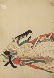 Dame des Hofes, die vor einem schwarzen Tisch sitzt, Tafel aus dem Album: Nishiki-zuri onna sanju rokkasen e-zukushi von Chobunsai Eishi