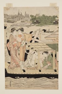 Vergnügungsboote auf dem Sumida-Fluss unter der Shin-ohashi-Brücke von Chobunsai Eishi