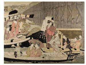 Szene am Sumida-Fluss (aus einem Pentaptychon) von Chobunsai Eishi