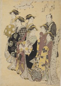 Sechs Oiran beim Spaziergang mit einem Mädchen und einem Mann von Chobunsai Eishi