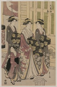 Die Kurtisane Kisagata von Ohishiya spaziert nachts mit zwei Shinzo und einem Kamuro von Chobunsai Eishi