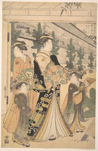 Zwei Oiran mit zwei weiblichen Begleitern in Yoshiwara