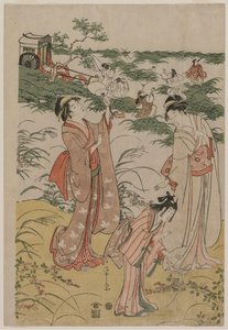 Frauen jagen Grillen auf einer Herbstheide, frühe 1790er von Chobunsai Eishi