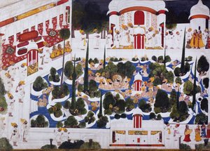 Maharana Bhim Singh tollt mit Edelleuten im Palastpool, 1803 von Chokha
