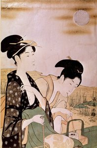 Den Mond bewundern: zwei rauchende Frauen. Drucke von Choki Eishosai (aktiv Ende des 18. Jahrhunderts - Anfang des 19. Jahrhunderts) von Choki Eishusai