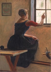 Ein junges Mädchen in Jütland schreibt den Namen ihres Geliebten auf ein beschlagenes Fenster von Christen Dalsgaard