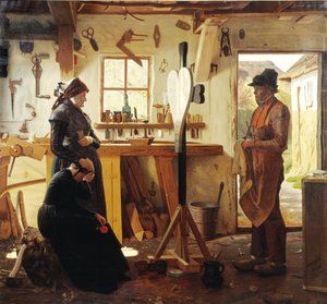 Zwei Frauen besuchen den Dorfkünstler, um das bestellte Grabkreuz zu sehen