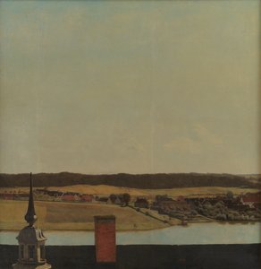 Dachfirst des Schlosses Frederiksborg mit Blick auf See, Stadt und Wald