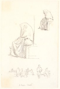 Skizzenblatt mit Studien einer sitzenden alten Frau und betenden Figuren von Christen Købke